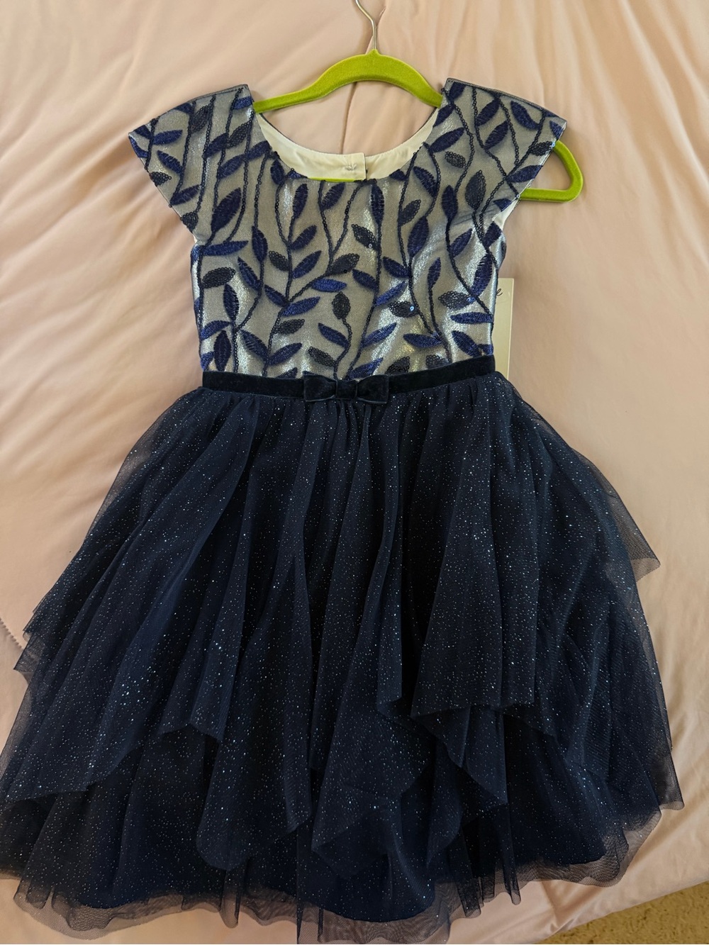 Navy Glitter Tulle Party Dress with Leaf Embroidered Bodice